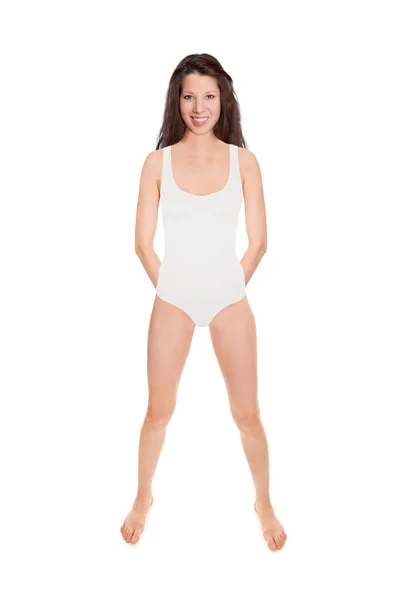 Full Length Portrait Beautiful Cheerful Woman Wearing White Bodysuit Studio — Stock Photo, Image