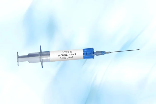 Covid Vaccination Syringe Front White Blue Background — Stock Photo, Image