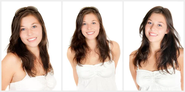 在三幅特写中 一位身穿白色上衣的漂亮年轻女子被隔离在白色工作室的背景下 — 图库照片