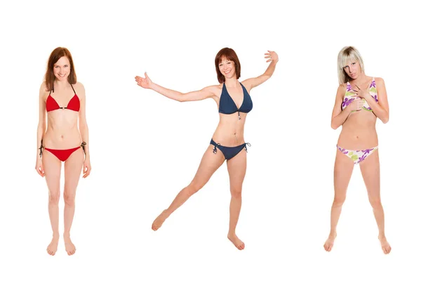 Portretten Van Drie Aantrekkelijke Jonge Vrouwen Met Kleurrijke Bikini Geïsoleerd — Stockfoto