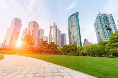 Şehir Parkı çim ve patika dusk içinde modern binasında ile shanghai