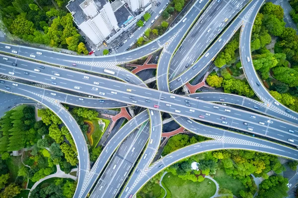 Aerial View City Overpass Elevated Road Junction Closeup Shanghai — Stock Photo, Image