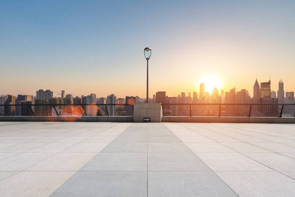 empty floor in sunset with modern city skyline and buildings ,shanghai