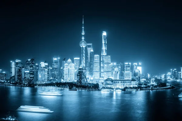 Vista Nocturna Del Horizonte Shanghai Con Tono Azul China —  Fotos de Stock