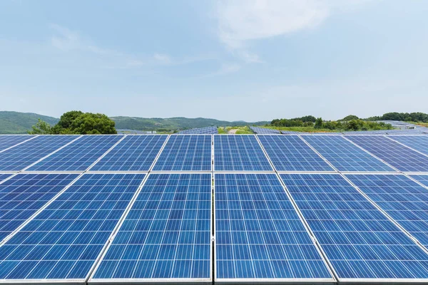 丘の中腹に再生可能エネルギーのための太陽電池パネルのクローズ アップ — ストック写真