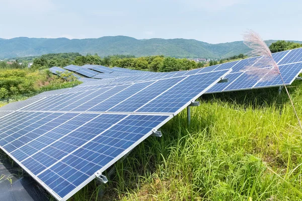 Paneles Energía Solar Primer Plano Para Nueva Energía Ladera — Foto de Stock