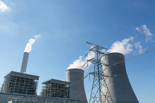 Modern Thermal Power Plant High Voltage Transmission Pylon Blue Sky — Stock Photo, Image