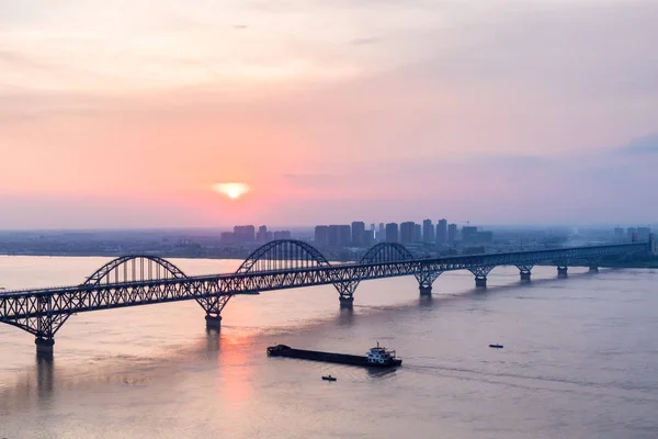 Jiujiang Mostu Rzece Jangcy Zachód Słońca — Zdjęcie stockowe