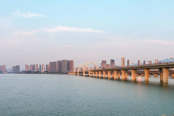 Krásný Jiujiang Městské Krajiny Jezero Most Západu Slunce Jiangxi Čína — Stock fotografie