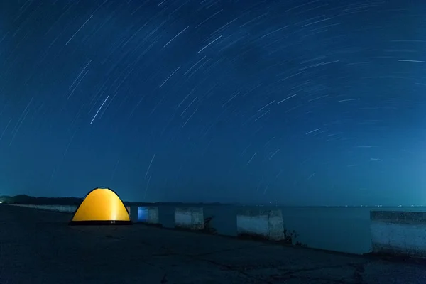 Star Trails Tent Long Time Exposure Beautiful Starry Sky Landscape — Stock Photo, Image