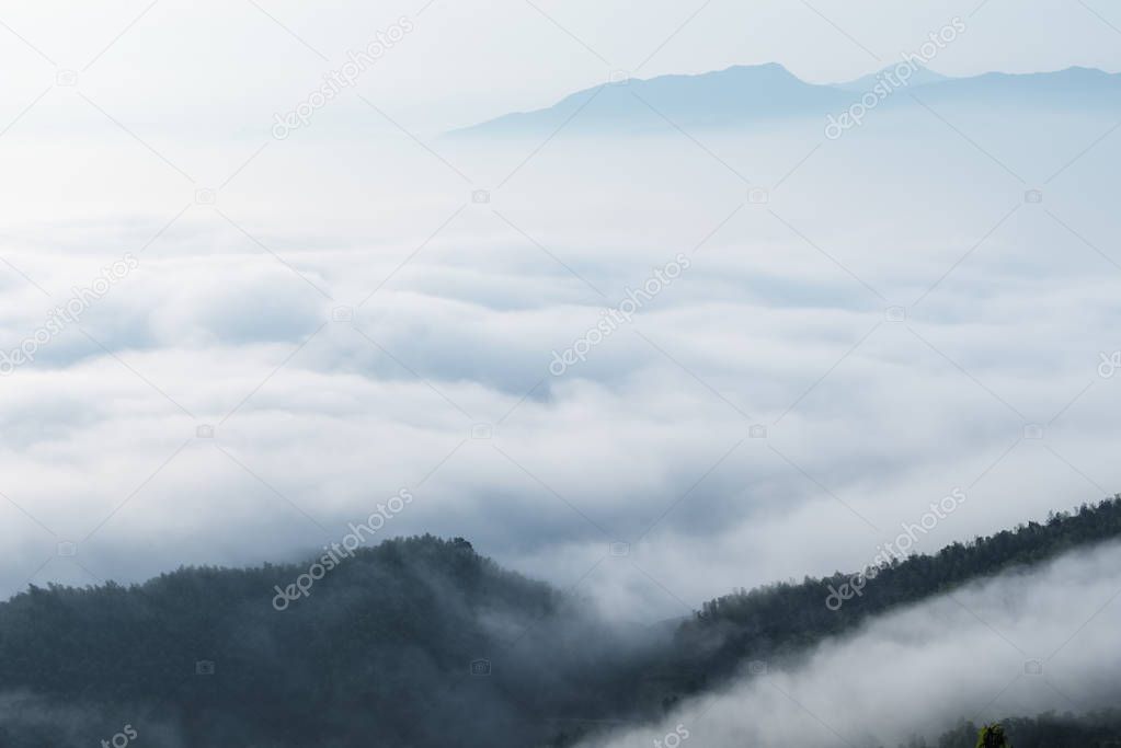 the sea of clouds closeup, beautiful natural scenery in early morning on mountains