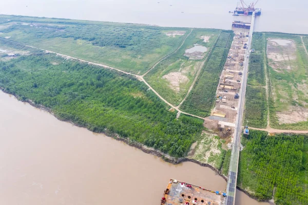 Aerial View Bridge Construction Site Yangtze River China — Stock Photo, Image
