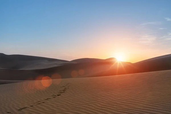 Woestijnlandschap Zonsondergang Prachtige Ondergaande Zon Voetafdrukken Woestijn — Stockfoto