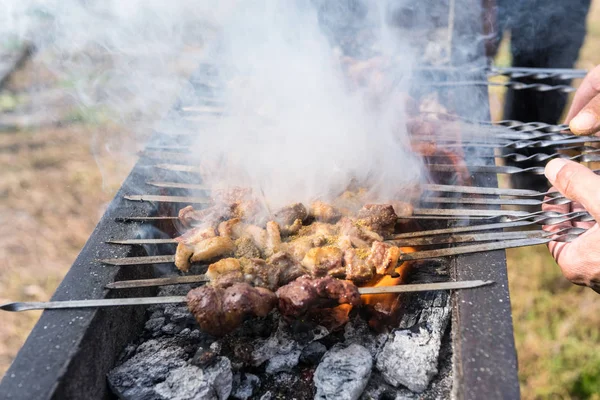 Lamb Kebabs Shish Kebab Skewers Roast Mutton Cubes Skewer Outdoor — Stock Photo, Image