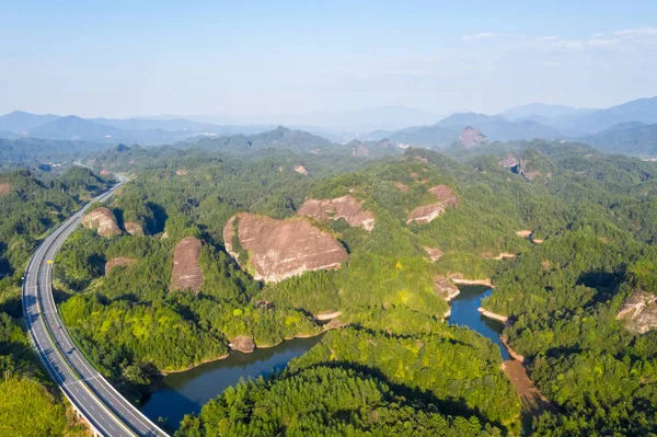 Légi Felvétel Gyorsforgalmi Danxia Landform Megye Tonggu Jiangxi Tartomány Kína — Stock Fotó