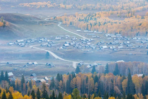 Vista Aerea Del Villaggio Hemu Autunno Kanas Xinjiang — Foto Stock