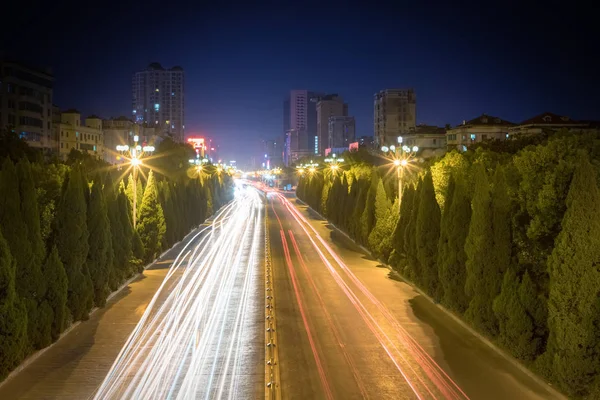 Light Trails City Road Busy Urban Night Vie — Stock Photo, Image