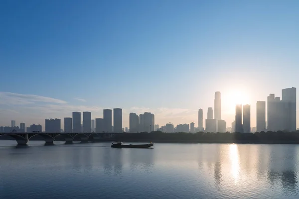 Changsha Silhuett Morgon Modern Byggnad Siluett Xiangjiang Riverside Kina — Stockfoto