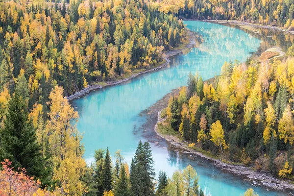 Hermoso Xinjiang Kanas Otoño Paisaje Encantadora Bahía Lunar China —  Fotos de Stock