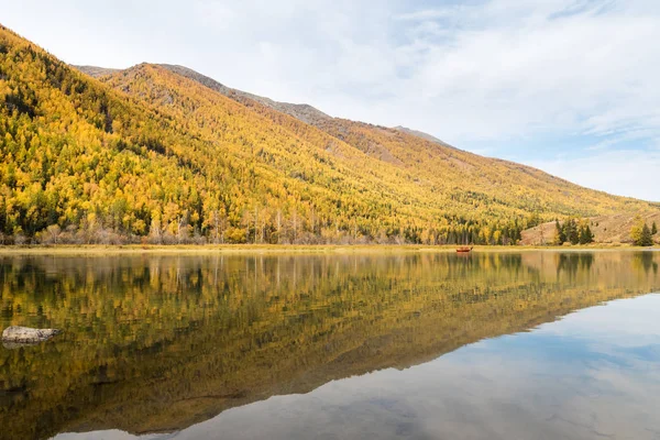 Autumn mountain forest and reflection in kanas — Stock Photo, Image