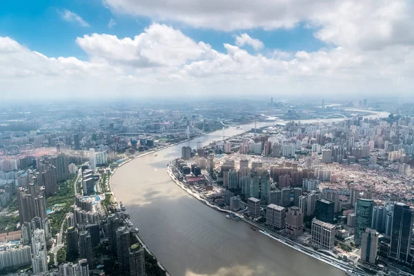 Vista Aerea Del Paesaggio Urbano Shanghai Tortuoso Fiume Huangpu Attraverso — Foto Stock