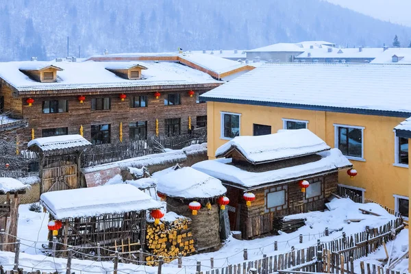 中国黒竜江省牡丹江市ショワン フォン森ファームで雪の村の風景 — ストック写真