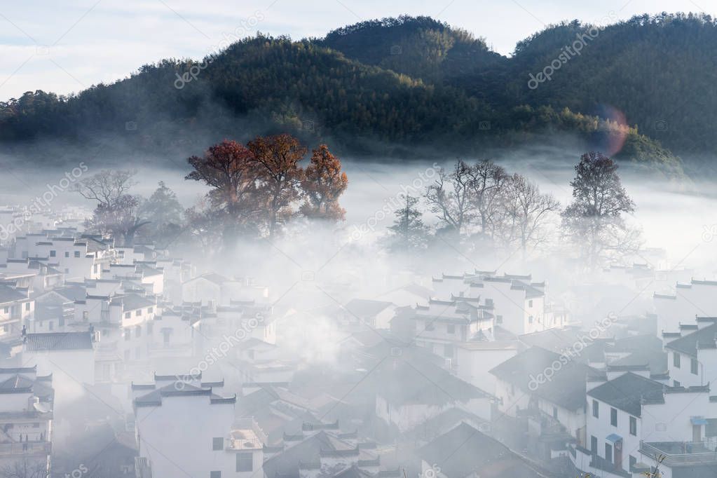 morning mist wreathed the ancient shicheng village, beautiful rural scenery in wuyuan county, jiangxi province