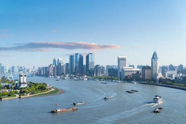 Hermosa Curva Del Río Huangpu Shanghai Paisaje Urbano Atardecer — Foto de Stock