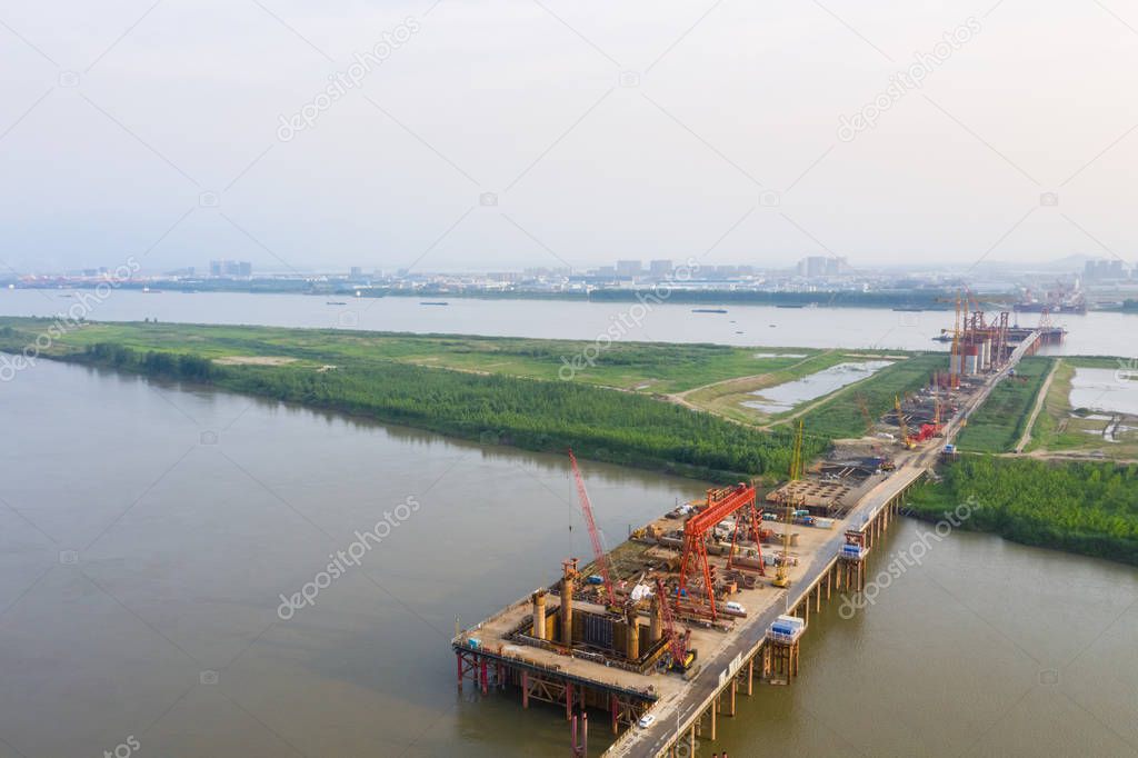 aerial view of bridge construction site