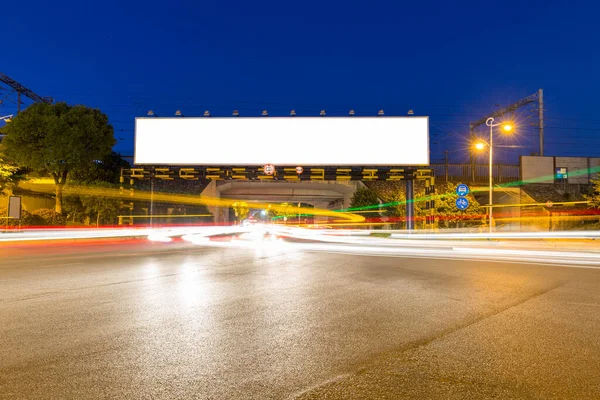 Blank Light Box Billboards Railway Bridge Light Trails City Road — Stock Photo, Image