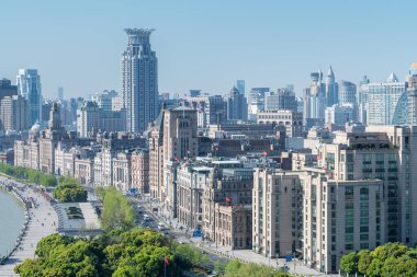 Şangay 'daki mükemmel tarihi binanın hava manzarası.