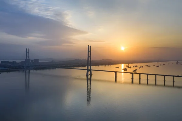 Jiujiang Andra Bron Solnedgången Antenn Syn Kabel Stannade Bron Yangtze — Stockfoto