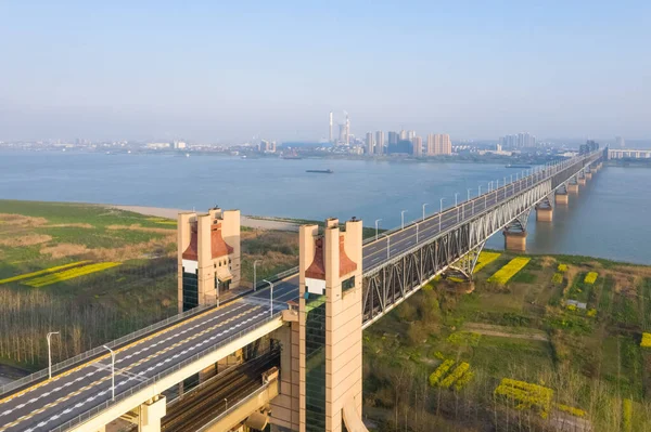 Vista Aérea Ponte Rio Jiujiang Yangtze Primavera China — Fotografia de Stock