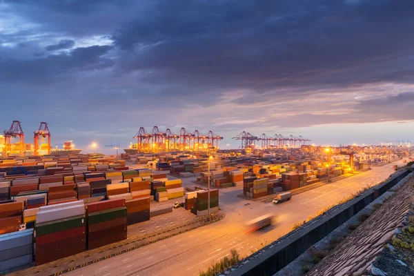 Container Port Nightfall Shanghai China — Stock Photo, Image