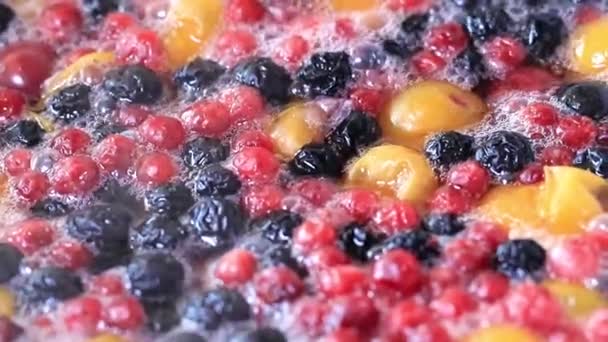 Kochendes Getränk Bei Der Zubereitung Von Fruchtsaftkompott Aus Frischen Beeren — Stockvideo