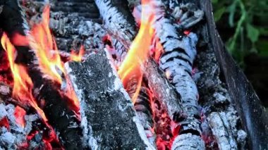 parlak alev yanan bir mangal kömür parçaları üzerinde