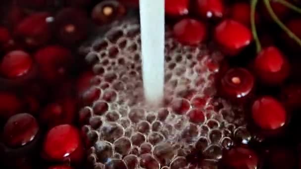 Vivace Scorre Acqua Limpida Maturi Pavimenti Ciliegio Rosso Dolce — Video Stock