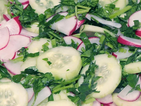 taze turp, dilim Olgun salatalık ve kahvaltı için bir tabak maydanoz parçaları 