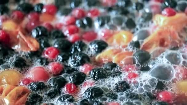 Fresh Fruit Berries Boiling Water While Preparing Drink — Stock Video