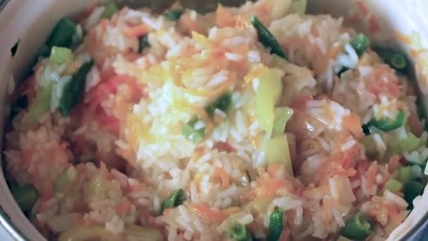 Cooking Process Rice Stewed Fresh Vegetables — Stock Video