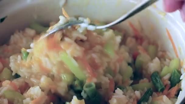 Cooking Process Rice Stewed Fresh Vegetables — Stock Video