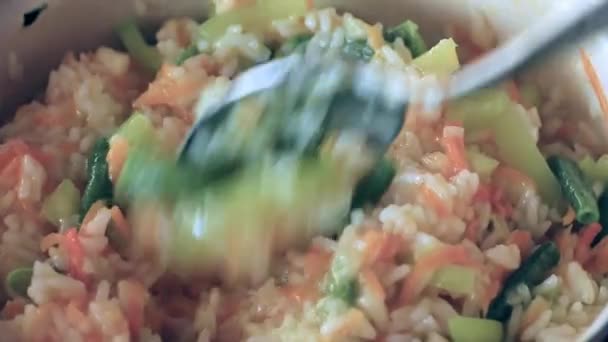 Cooking Process Rice Stewed Fresh Vegetables — Stock Video