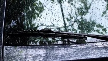 yaz yağmuru sırasında arabada bardak su akışı büyük damla aşağı