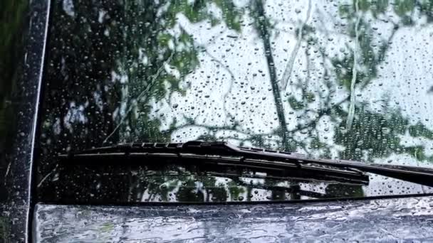 Grandes Gotas Água Fluem Pelo Vidro Carro Durante Chuva Verão — Vídeo de Stock