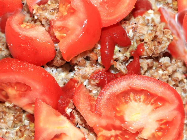 Slices Fresh Tomato Buckwheat Porridge Plate — Stock Photo, Image