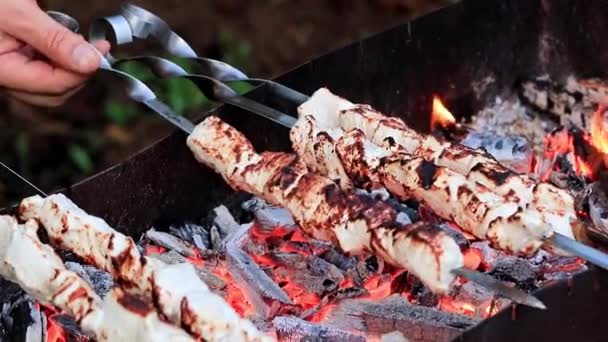 Процесс Приготовления Жареного Мяса Шашлыках Угольном Гриле — стоковое видео