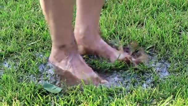 脚女人走过沼泽地形土壤 — 图库视频影像
