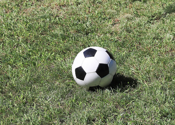 Soccer ball lies on the green lawn grass before the game