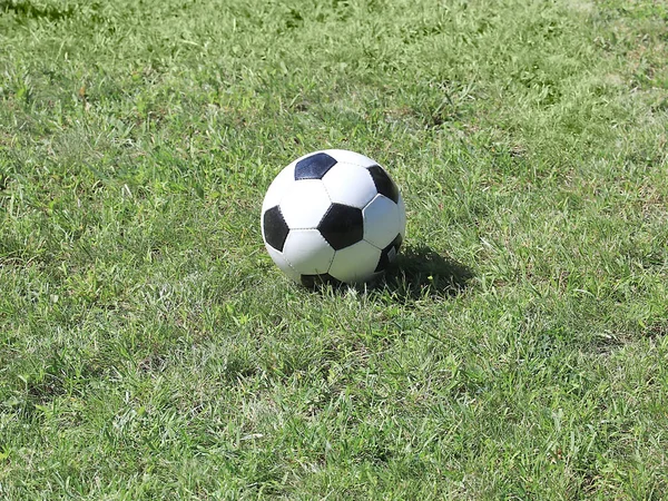 Fotboll Ligger Det Gröna Gräsmatta Gräset Innan Spelet — Stockfoto