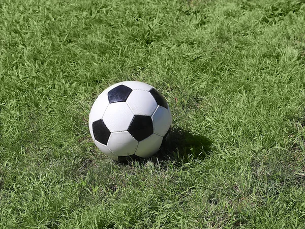 Soccer Ball Lies Green Lawn Grass Game — Stock Photo, Image